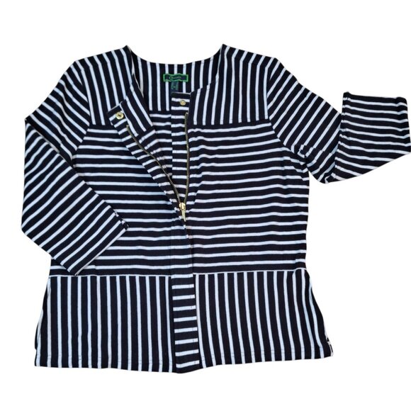 C Wonder Women's 3/4 Sleeve Full Zip Jacket Top Cotton Black White Striped Sz 8 - Picture 2 of 7